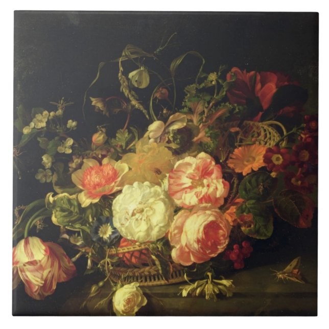 Carreau En Céramique Fleurs et insectes, 1711 (huile sur le panneau) (Devant)