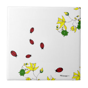 Carreau En Céramique Fleurs jaunes et six petites tuiles de coccinelles