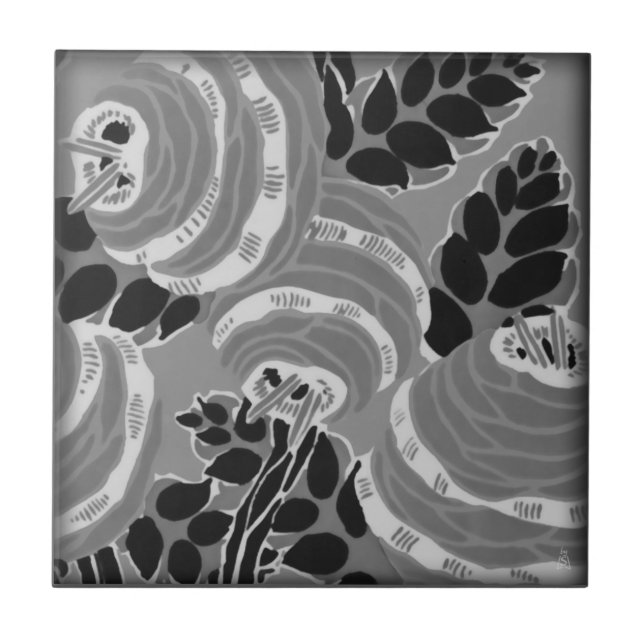 Carreau En Céramique Fleurs murales Art Déco - Gris + Noir (Devant)