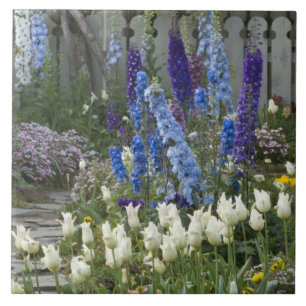 Carreau En Céramique Fleurs printanières le long d'un chemin de jardin,