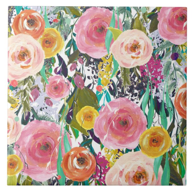 Carreau En Céramique Fleurs romantiques d'aquarelle de jardin (Devant)