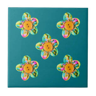 Carreau En Céramique Fleurs roses, violettes, jaunes sur turquoise
