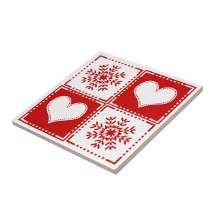 Carreau En Céramique Flocons de neige élégants et coeurs rouges et