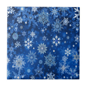 Carreau En Céramique Flocons de Noël Bleus et Argent