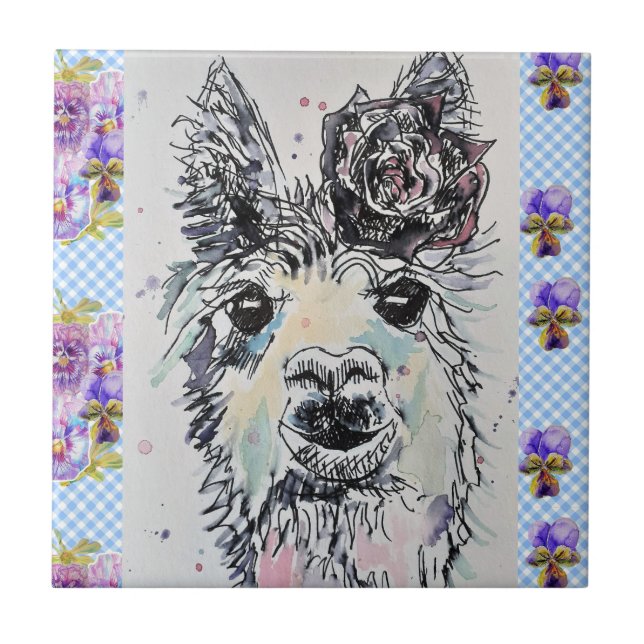 Carreau en céramique floral aquarelle Alpacca Lama (Devant)