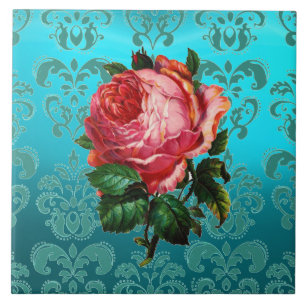 CARREAU EN CÉRAMIQUE FLORAL DAMAS BLEU SARCELLE AV