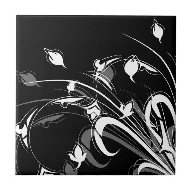 Carreau En Céramique Floral noir et blanc élégant (Devant)