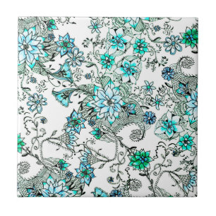 Carreau En Céramique Floral peint à la main d'aquarelle turquoise