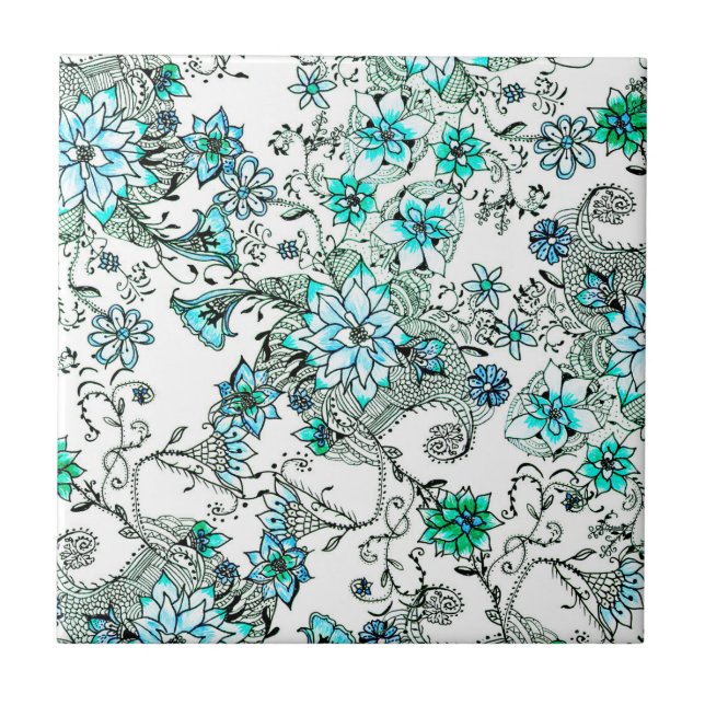 Carreau En Céramique Floral peint à la main d'aquarelle turquoise (Devant)