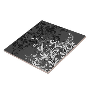 Carreau En Céramique Flourish floral noir et blanc