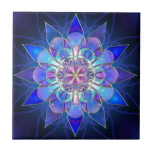 Carreau En Céramique Fractale bleue de mandala de fleur