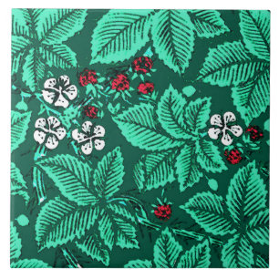 Carreau En Céramique Fraises de Nouveau d'art et feuille, turquoise