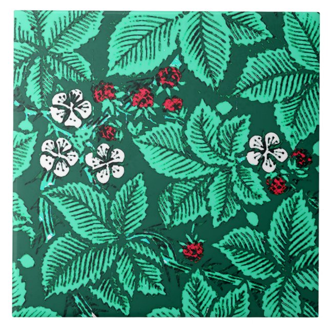 Carreau En Céramique Fraises de Nouveau d'art et feuille, turquoise (Devant)