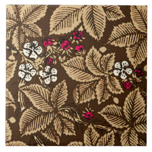 Carreau En Céramique Fraises et Feuilles Art Nouveau, Brown foncé