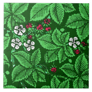 Carreau En Céramique Fraises et Feuilles Art Nouveau, Emerald Green