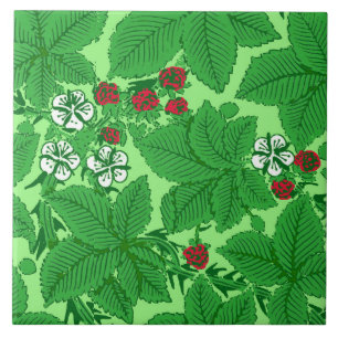 Carreau En Céramique Fraises et Feuilles Art Nouveau, Lime Green