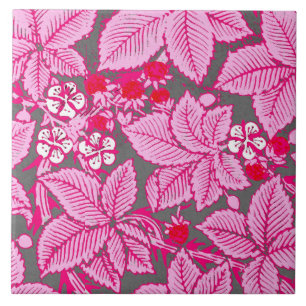 Carreau En Céramique Fraises et Feuilles Art Nouveau, rose et gris