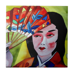Carreau En Céramique geisha japonaise avec ventilateur peinture d'art o