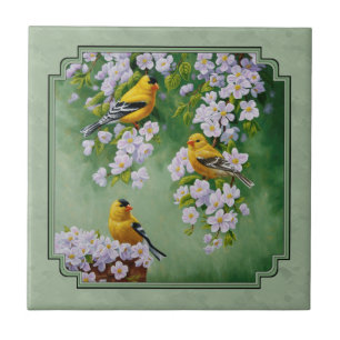 Carreau En Céramique Goldfinch Birds and Flowers Green