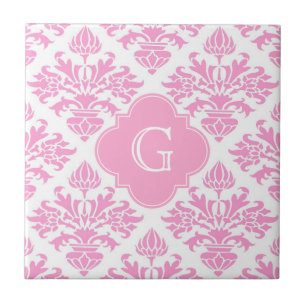 Carreau En Céramique Grand rose blanc Floral Damask rose Monogramme Éti