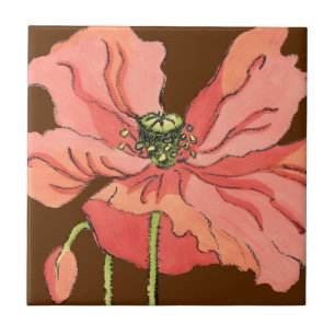 Carreau En Céramique Grande Fleur rose avec Arrière - plan rouge profon