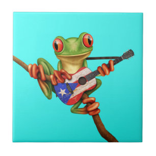 Carreau En Céramique Grenouille d'arbre jouant le bleu de guitare de