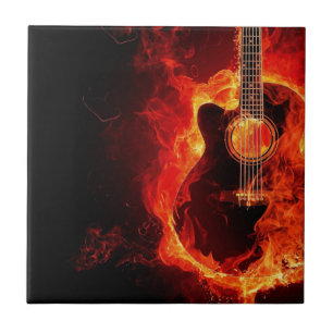 Carreau En Céramique Guitare Brûlante, Musique aux Flammes Orange Group