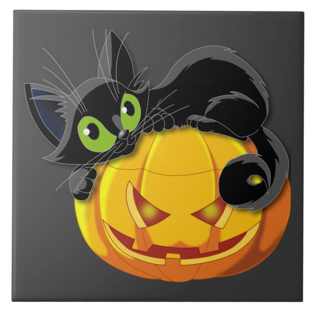 Carreau En Céramique Halloween chat noir sur le citrouille (Devant)