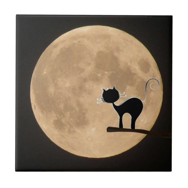 Carreau En Céramique Halloween gothique chat noir avec pleine lune (Devant)