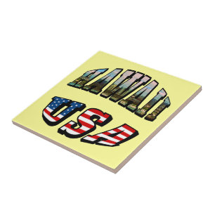 Carreau En Céramique Hawaii Picture et USA Flag Text