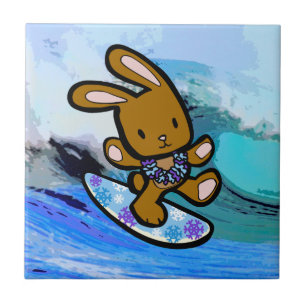 Carreau En Céramique Hawaiian Surfing Bunny Cartoon de vacances