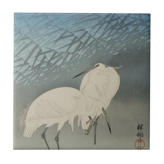Carreau En Céramique Hérons blancs et lune, Ohara Koson (Devant)