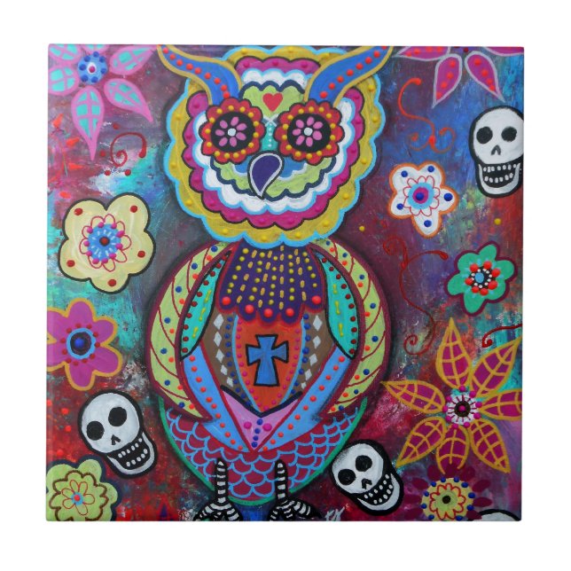 CARREAU EN CÉRAMIQUE HIBOU SAGE DE DIA DE LOS MUERTOS TALAVERA (Devant)