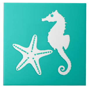 Carreau En Céramique Hippocampe et étoiles de mer - blanc sur la