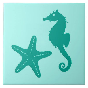 Carreau En Céramique Hippocampe et étoiles de mer - turquoise et aqua