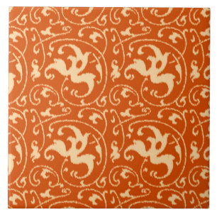 Carreau En Céramique Ikat floral damas - orange mandarine