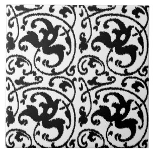 Carreau En Céramique Ikat Floral Damask - Blanc et Noir