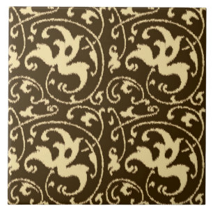 Carreau En Céramique Ikat floral damassé - Marron chocolat et beige
