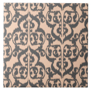 Carreau En Céramique Ikat Moorish Damask - pêche et gris charbon