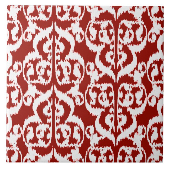 Carreau En Céramique Ikat Moorish Damask - rouge foncé et blanc (Devant)