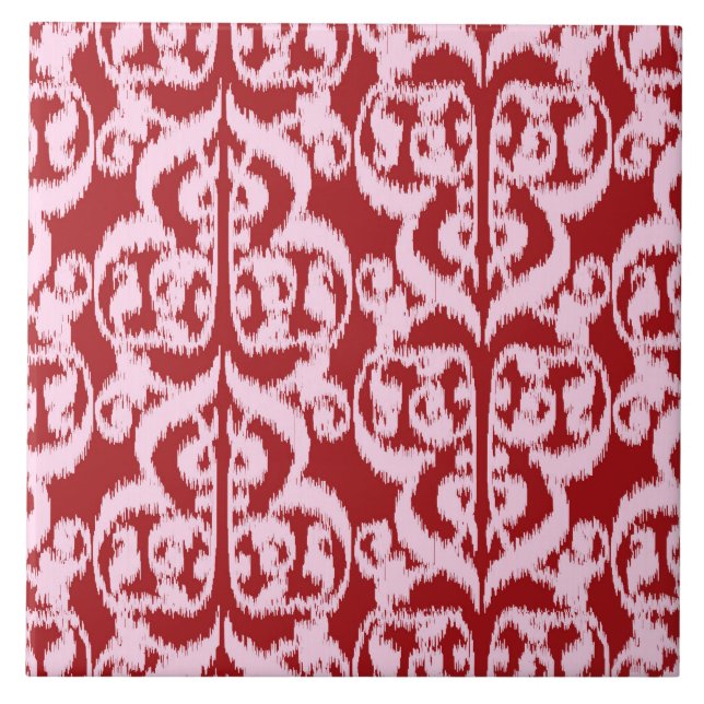 Carreau En Céramique Ikat Moorish Damask - rouge foncé et rose (Devant)