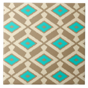 Carreau En Céramique Ikat Motif - Turquoise, Taupe et Beige