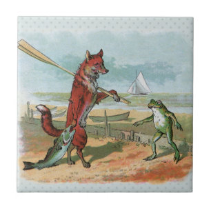 Carreau En Céramique Illustration fantaisiste de renard et de grenouill
