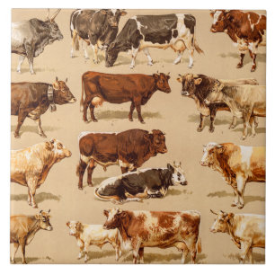 Carreau En Céramique Illustration vintage de ferme de vaches laitières