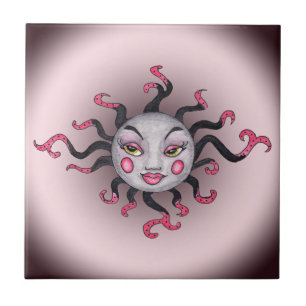 Carreau En Céramique Imaginaire Gothique Noir Rose Soleil Déesse Visage