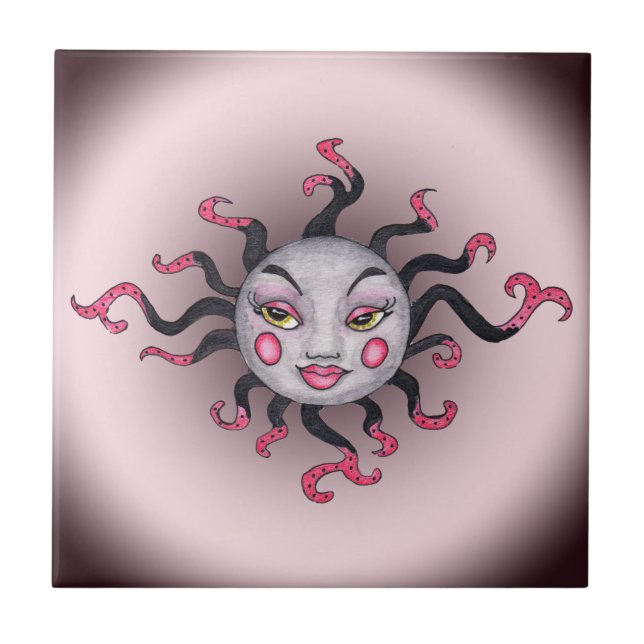 Carreau En Céramique Imaginaire Gothique Noir Rose Soleil Déesse Visage (Devant)