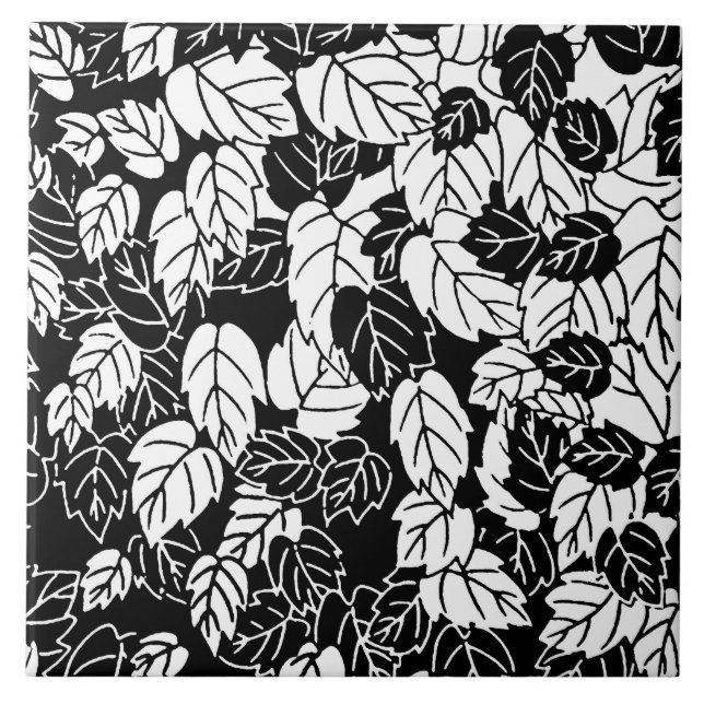 Carreau En Céramique Impression feuille japonaise, noir et blanc (Devant)