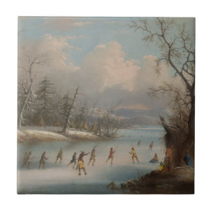 Carreau En Céramique Indiens jouant à la lacrosse sur la glace