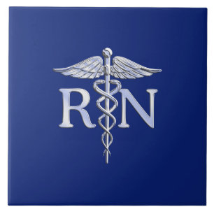 Carreau En Céramique Infirmière inscrite RN Silver Caduceus Navy Blue d