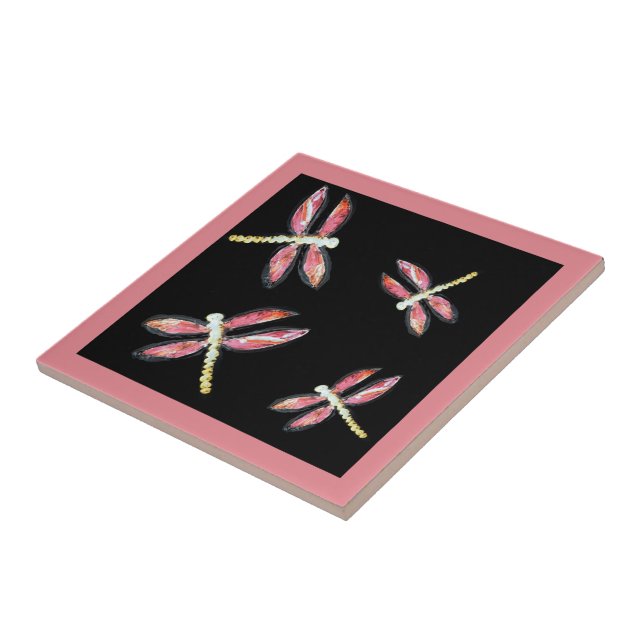 Carreau En Céramique Insect Art Dancing Pink Dragonfly Bugs (Côté)